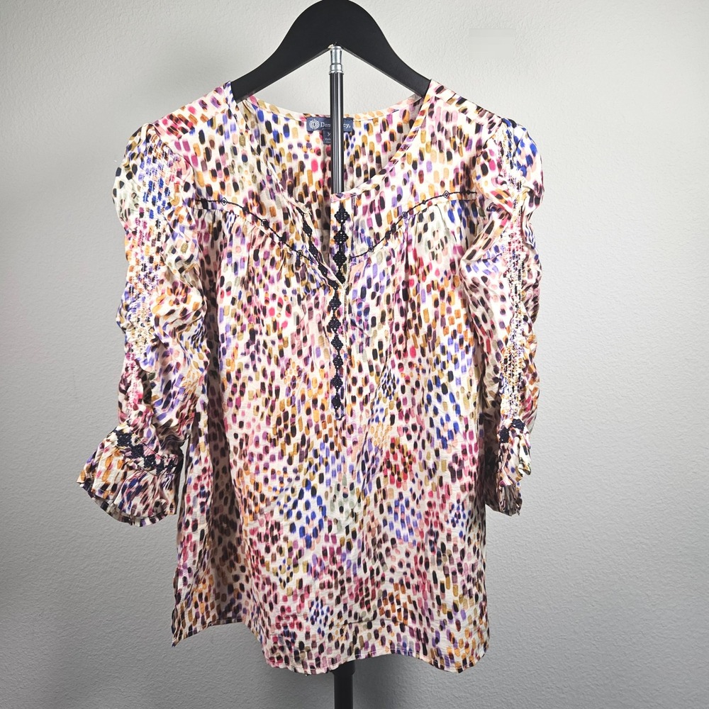 Democracy Blouse Womens M Multi-Color Abstract Smocked Boho Art to Wear Textured